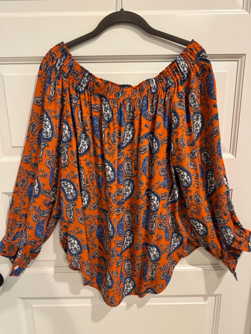 Karen Kane Orange Paisley Off-Shoulder Blouse with Blue Accents